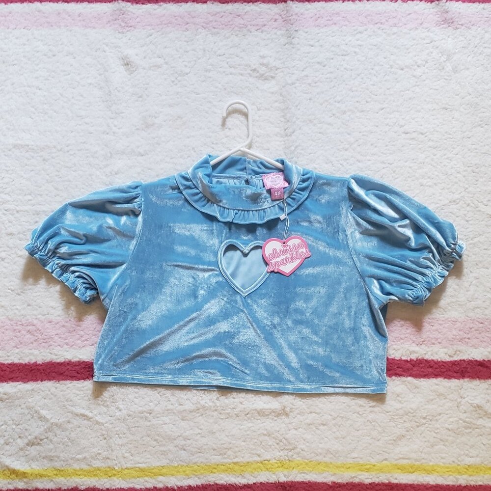 BNWT NWT Chrissa Sparkles Blue Velvet Heart Cutout Crop Top